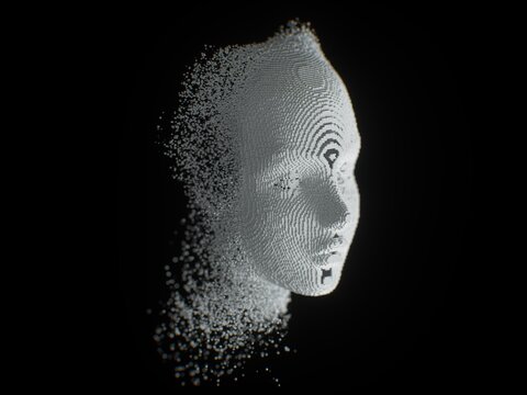 Abstract AI head formed by particles on black background