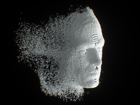 Abstract AI head made of particle dots on dark background