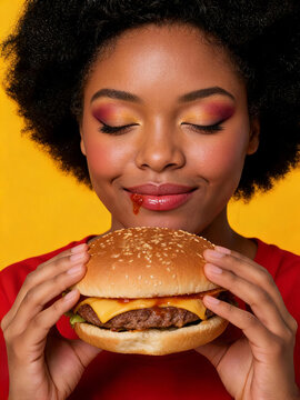 Woman savoring cheeseburger with closed eyes on yellow background