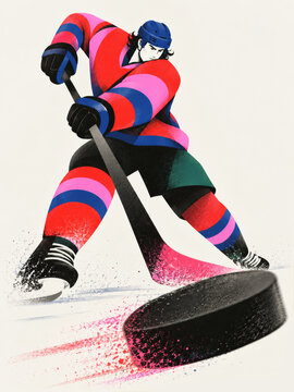 Dynamic ice hockey player shooting puck in colorful gear
