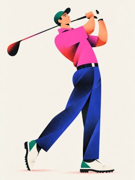 Stylized golfer swinging driver in bright modern vector art