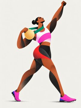 Stylized female athlete celebrating with gold medal