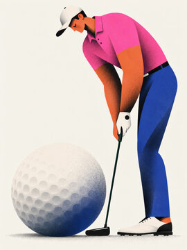 Stylized golfer putting beside oversized golf ball illustration