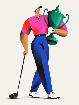 Golfer holding trophy in modern vector illustration style
