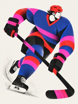 Stylized ice hockey player skating with stick illustration
