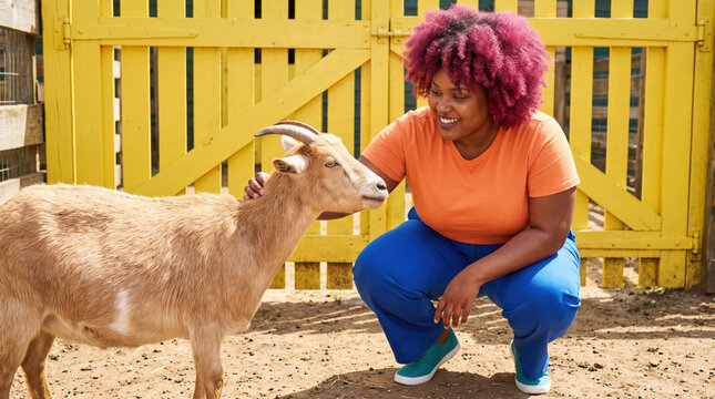 Woman Scratches Goat at A Farm With A Yellow Fence