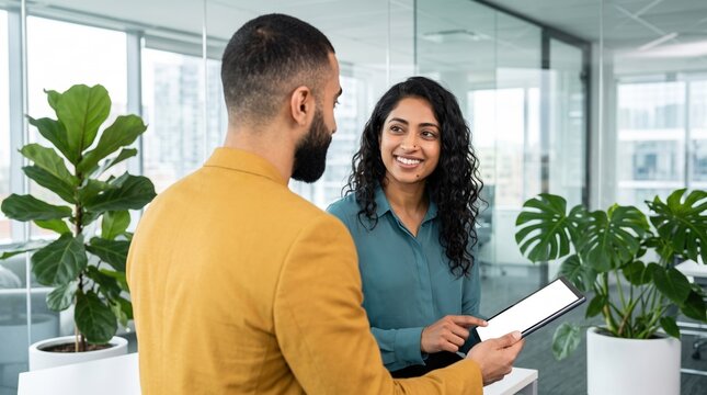 Diverse colleagues discuss tablet workflow in modern office