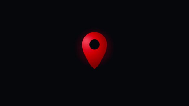 Pulsing red map location pin icon animation on black background
