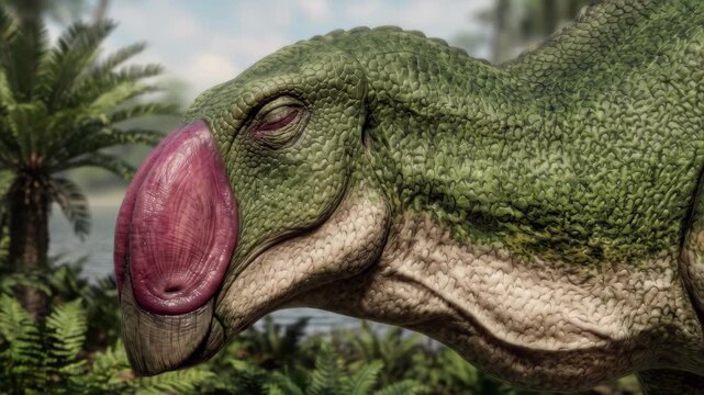 Aquilarhinus (Aquilarhinus palimentus) hadrosaurid ornithopod dinosaur from Late Cretaceous blinking in lush