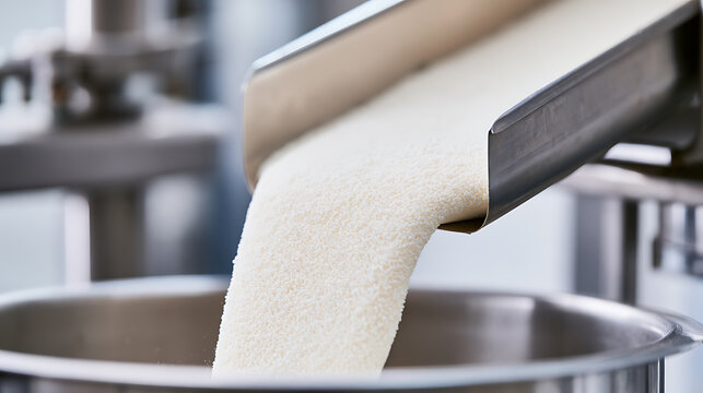 Industrial food production line process with white sugar powder pour from metal chute into large container inside modern processing plant