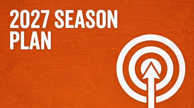 2027 Season Plan website banner displaying an arrow hitting the bullseye target graphic symbol over a vibrant orange clay texture background for marketing material presentation cover