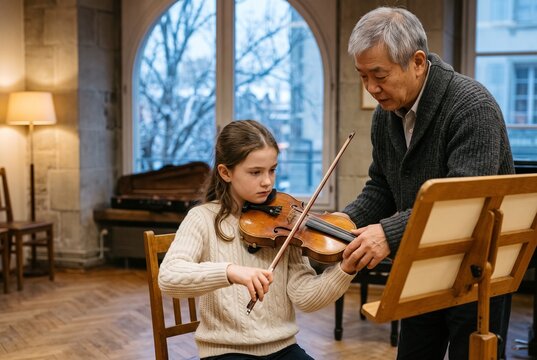 Senior Asian male music teacher guiding a young Caucasian girl during a violin lesson in a cozy studio with a large arched window