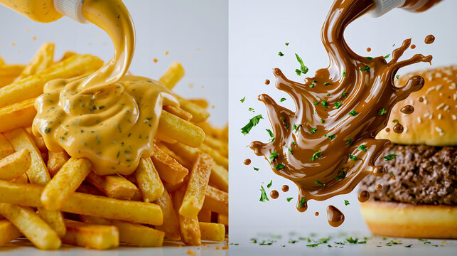 A split-screen photograph showing two different food items being prepared: on the left a pile of french fries with a dollop of mustard and on the right a burger with a drizzle of chocolate sauce