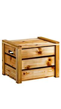 A wooden crate with a visible grain pattern and a handle on the side