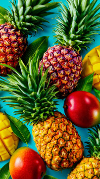 A vibrant and colorful image of tropical fruits and leaves on a blue background