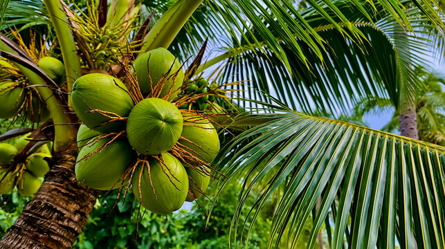 A close-up of a bunch of green coconuts hanging from a palm tree with the tree's fronds visible in the foreground