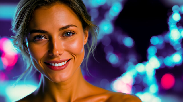 A woman with blonde hair and blue eyes is smiling at the camera with a blurred background of colorful lights