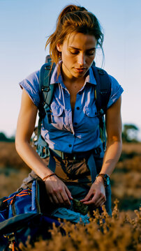 A woman in a blue shirt and backpack looking down at her hands is sitting in a field with brown grass