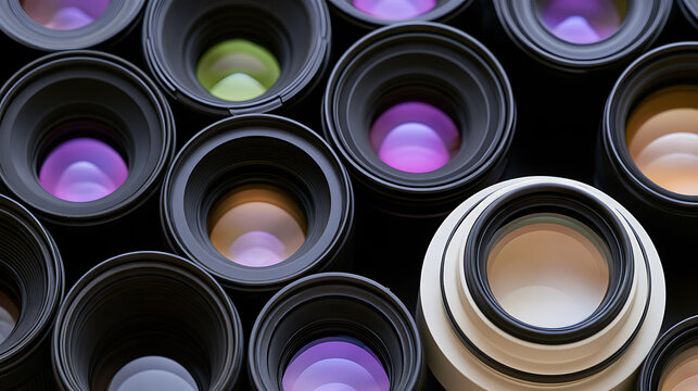 A high-angle view of multiple professional camera lenses arranged together with colorful optical glass coatings reflecting light in a dark studio