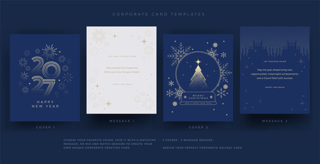 Fototapeta na wymiar Corporate luxury Christmas and New Year cards template set with gold Christmas tree in snow globe, snowflakes, 2027 fireworks. Dark blue and gold backgrounds - holiday business greetings text template
