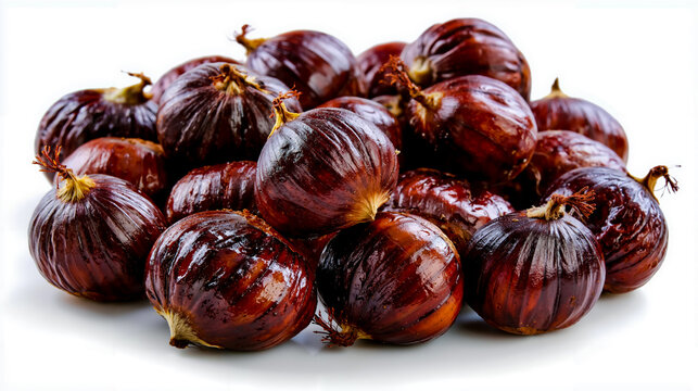 A close-up of a bunch of dark purple figs with their stems still attached