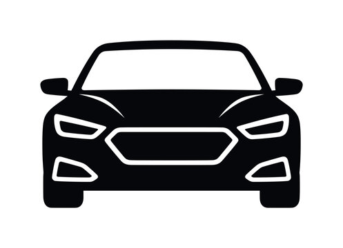 Minimal black front-view car silhouette with low hood, headlights and compact body shape, car, vehicle, black, white, frontview,