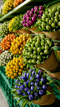 A vibrant display of colorful flowers in various pots