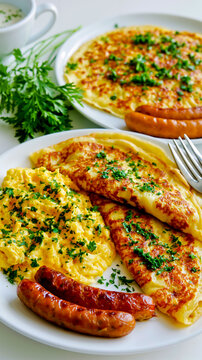 A plate of food with sausage eggs and herbs