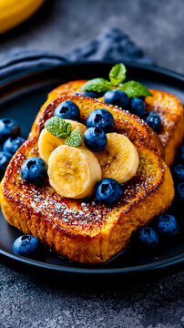 A plate of French toast with bananas and blueberries