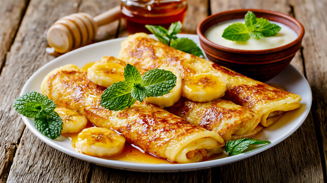 A plate of banana crepes with honey and mint leaves accompanied by a bowl of yogurt and a jar of honey