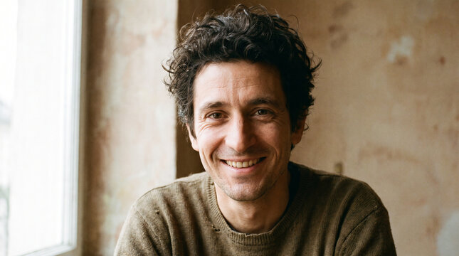 Close-Up Portrait of a Smiling Man with Dark Curly Hair in Soft Light