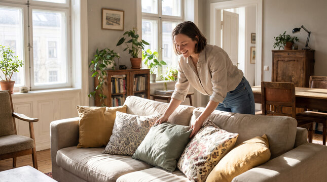 Satisfied Woman Arranging Cushions on a Sofa in a Bright Living Room