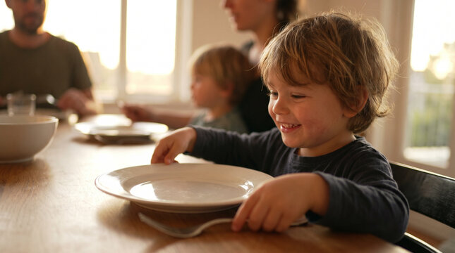 Proud Child Helping Set the Table for a Family Dinner