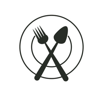 Crossed fork and spoon inside plate circle representing meal finished symbol