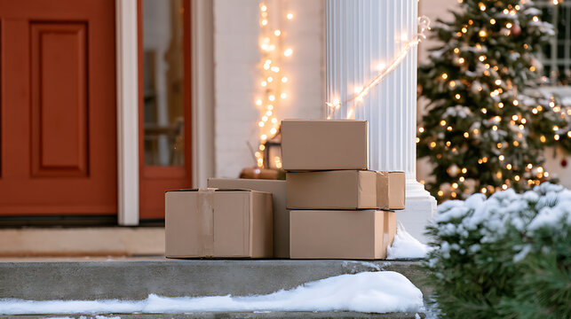 A stack of cardboard delivery parcels left on a front porch step during winter with festive holiday lights and snow in the background