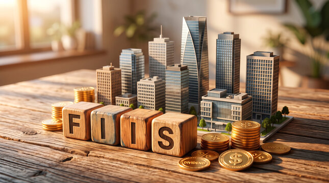 Fundos Imobili&aacute;rios: Conceito de FIIs e renda passiva com miniaturas de edif&iacute;cios modernos e moedas