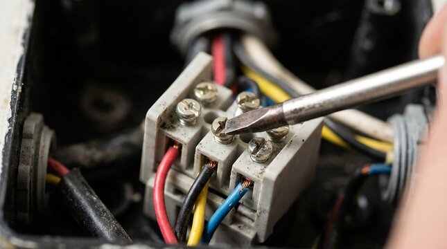 Fire Detector Wiring Terminal Inside Junction Box With Color Coded Wires and Screwdriver Tip