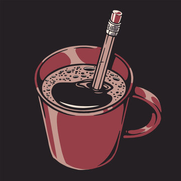 Red mug holds coffee with a pencil stuck inside
