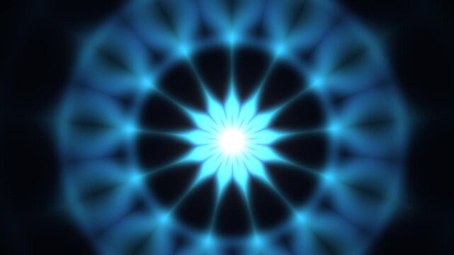 Abstract blue glowing mandala pattern with a bright light center on a dark background