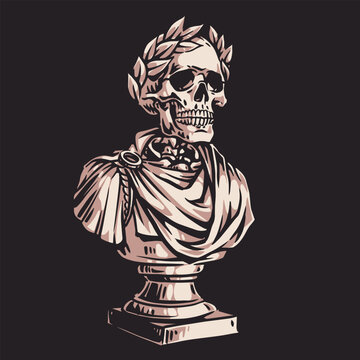 Skull wears laurel wreath and draped garment