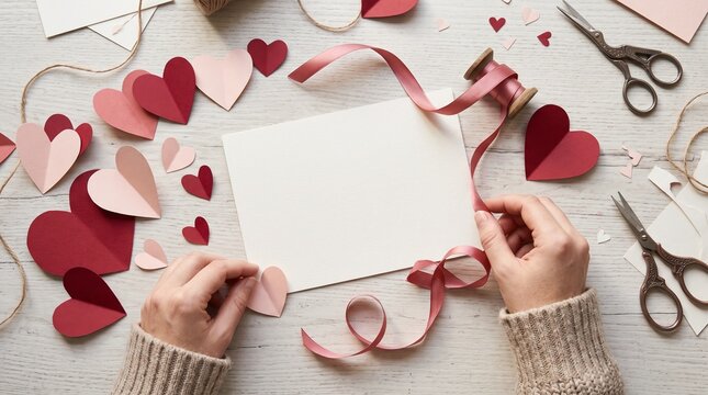 Hands crafting Valentines Day decorations with paper hearts ribbon and scissors on wooden table