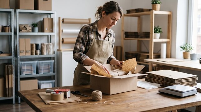 Woman packing a gift box with brown paper in a workshop with shelves of supplies