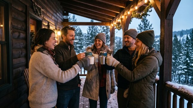 Friends toasting with mugs on a snowy cabin porch with string lights and pine trees