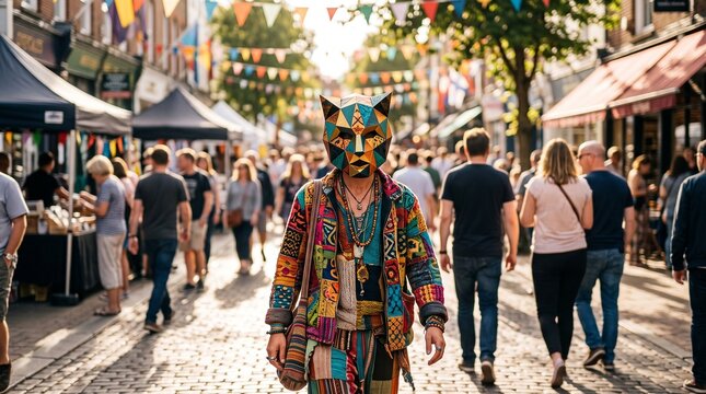 Person in colorful geometric animal mask and outfit walks through a bustling street fair