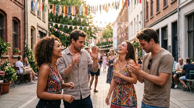 Diverse group of friends enjoying a vibrant street festival with colorful decorations and warm sunlight