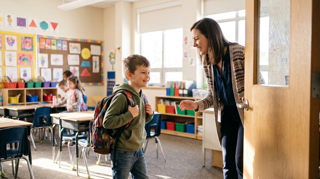 Smiling teacher welcomes young boy with backpack into a bright elementary school classroom