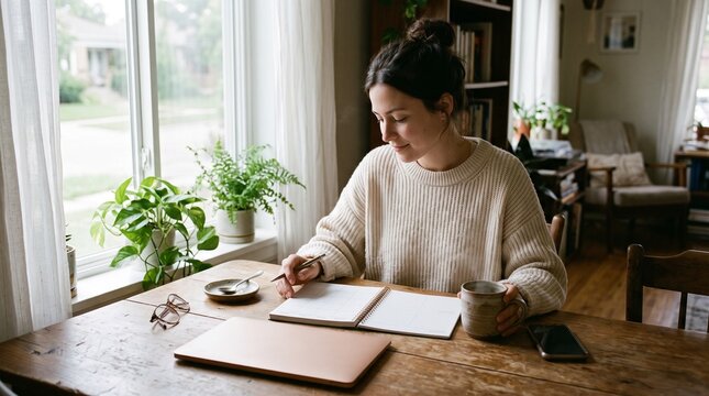 Young woman working at home at a wooden table with a laptop and notebook