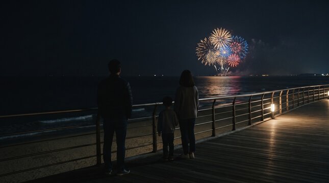 Family watches colorful fireworks display over the ocean from a boardwalk at night