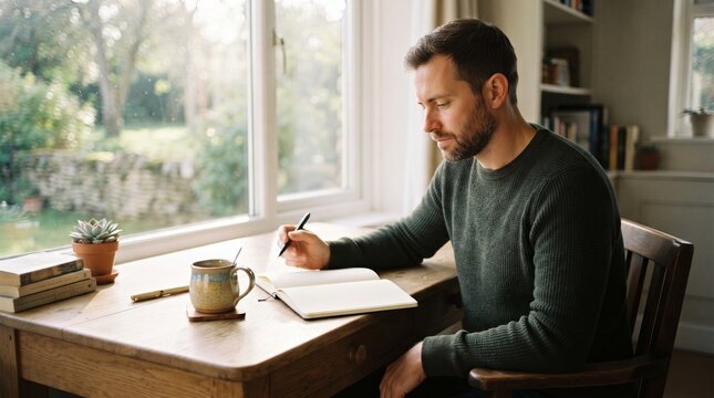 Man writing in notebook at desk by window with coffee and books, natural light