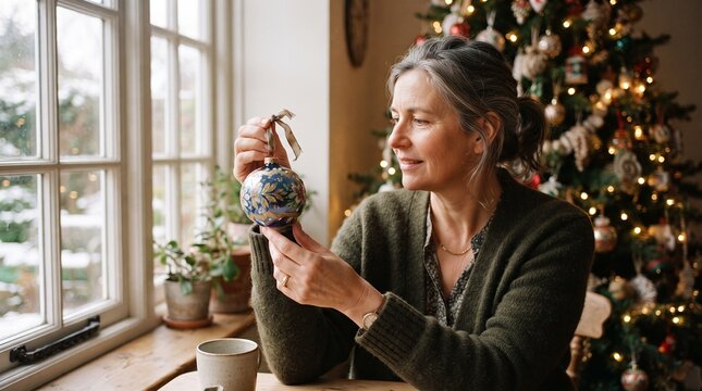 Mature Woman Admiring a Festive Christmas Ornament with a Decorated Tree and Snowy Window Background